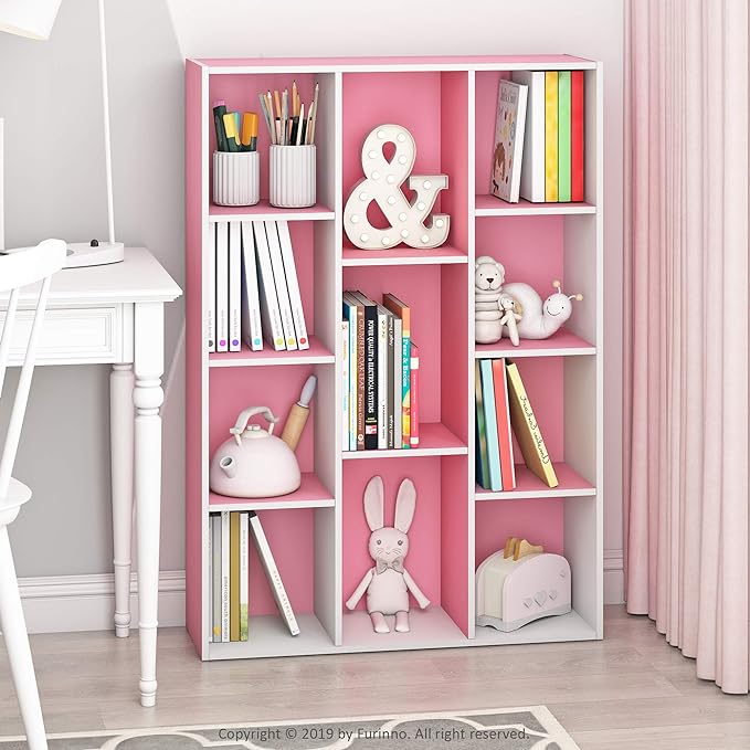 Furinno Luder Bookcase / Book / Storage , 11-Cube, White/Pink-NeatNest