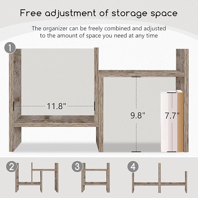 Jerry & Maggie Desktop Organizer Office Storage Rack Adjustable Wood Display Shelf Free Style Double H, Multi-Functional Mini Bookshelf for Desk Natural Stand (Gray Oak)-NeatNest