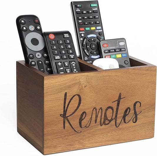 Acacia Wood TV Remote Holder, Caddy and Organizer for Table, Vintage Farmhouse Desk Caddy (Brown, 4+ Remotes)-NeatNest