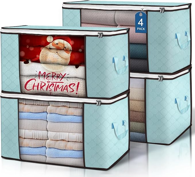 Budding Joy 90 L Large Storage Bags, 4 Pack Clothes Storage Bins Foldable Closet Organizer Storage Containers Storage and Organization for Clothes, Blanket, Comforters, Bed Sheets, Pillows (Blue)-NeatNest