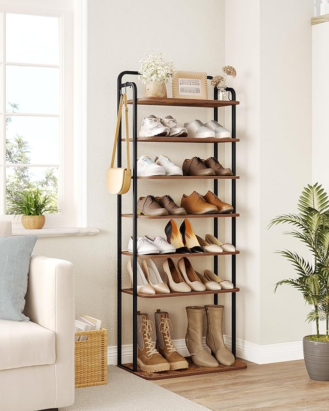 8 Tiers Widened Vertical Shoe Rack, Narrow Shoe Tower, Tall Shoes Shelf with 2 Hooks, Adjustable Shelves, Corner Shoes Shelves for Small Spaces, Entryway, Living Room, Rustic Brown SR12501B-NeatNest