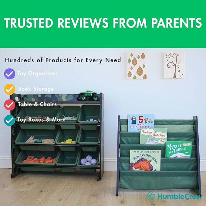 Humble Crew 4-Tier Kids Bookshelf, Camo Wood/Green - Premium Book Shelf for Kids Rooms with Four Deep Pockets - Toddler Sling Book Rack with Deep Sleeves, Nursery Bookcase Organizer