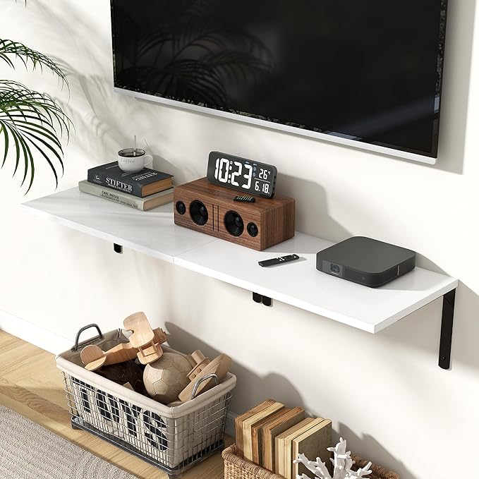 Fun Memories Floating Shelves for Wall, 12 Inch Deep Floating Shelves Set of 2, Wall Mounted Shelf with Metal Brackets, Rustic Wood Wide Shelf for Bathroom, Kitchen and Living Room, White, 24W x 12D-NeatNest