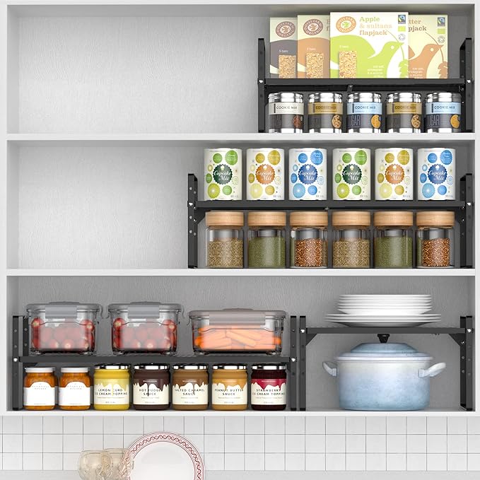 Cabinet Organizer Shelves,Expandable Spice Racks,Stackable Countertop Organizer,Adjustable Shelves for Under Sink,Storage Racks for Kitchen Bathroom Home Office,Black,3 Packs-NeatNest