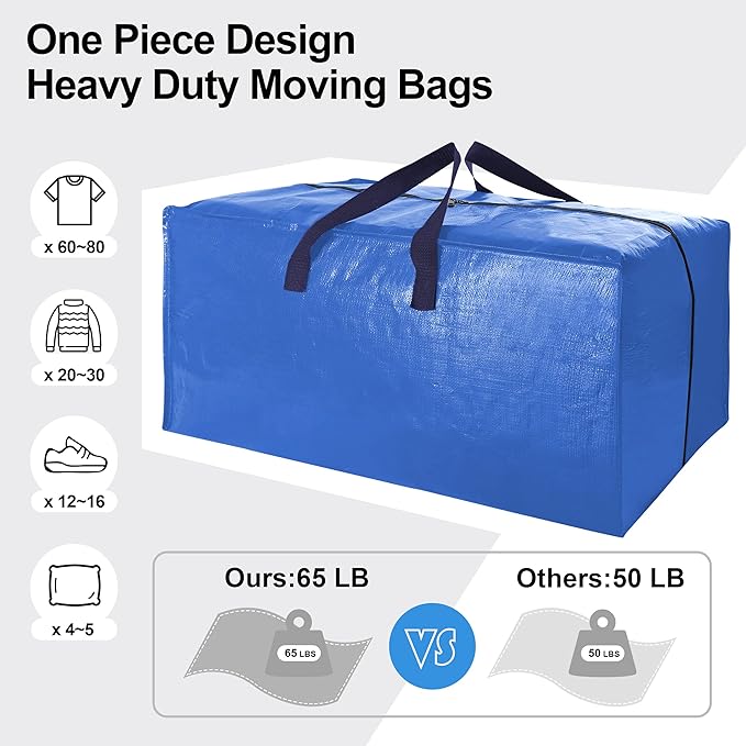 12 Pack Heavy Duty Extra Large Moving Bags W/Backpack Straps - Strong Handles & Zippers, Storage Totes For Space Saving, Fold Flat, Alternative to Moving Box and Storage Bin, Multicolor