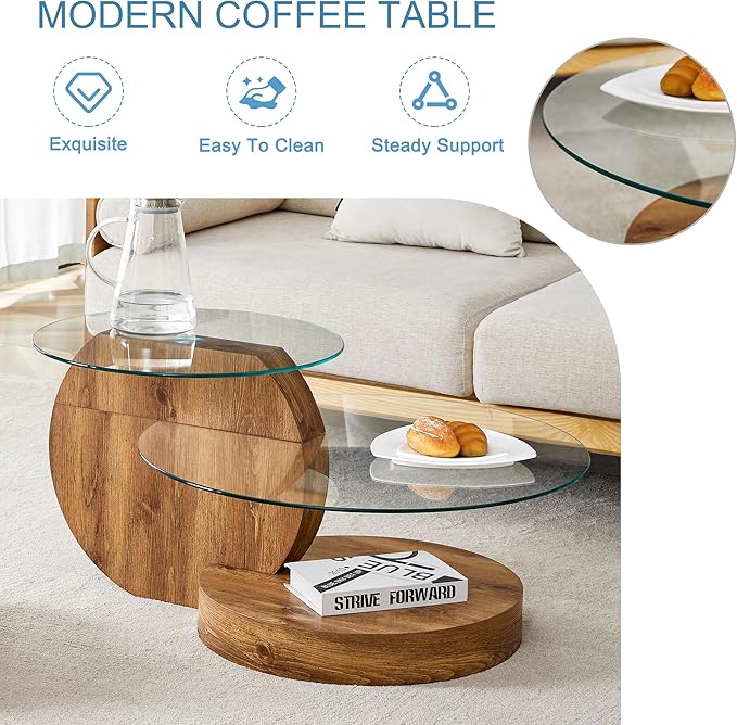 Glass Coffee Tables for Living Room Round Coffee Tables Modern Double Layer Round Table Circle Coffee Table for Small Space Home Office (35.4 Inch Dark Wood)