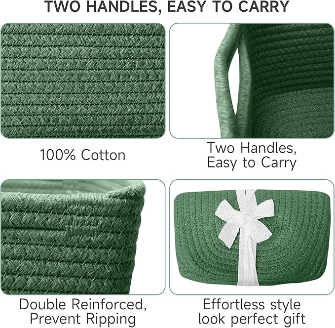 3-Pack Shelf Baskets for Organizing, Closet Organizer Bins, Small Woven Baskets, Rope Toy Basket, Storage Basket for Shelves, Cube Decorative Box, 11.5×7.5×4.7”, Green-NeatNest