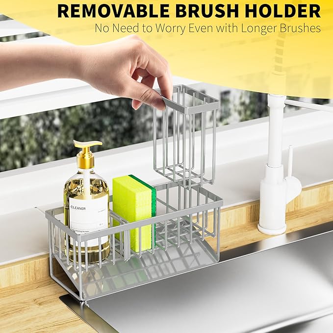 Cisily Sink Caddy Organzier with High Brush Holder, Sponge Holder for Sink, 304 Rustproof Stainless, Kitchen Countertop Soap Dispenser Organizer, Gray Kitchen Decor and Accessories-NeatNest