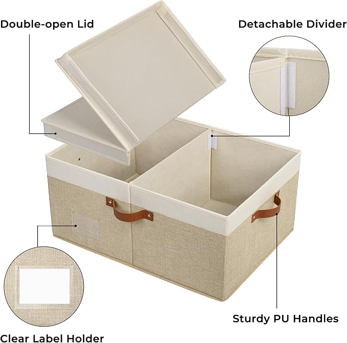 GRANNY SAYS Decorative Storage Boxes with Lid, Large Storage Bins with Double-Open Lid and Divider, Fabric Storage Bin for Clothes, 63L Closet Linen Storage Bin, White/Khaki-NeatNest