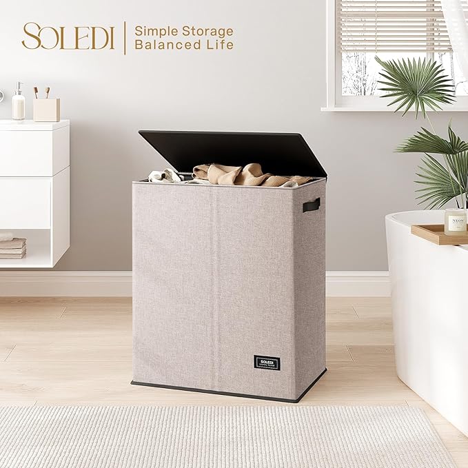 SOLEDI Large Double Laundry Hamper with Lid, Collapsible Clothes Hamper 2 section with Removable Bags, Space-Saving Laundry Basket for Bedroom, Dorm, College-NeatNest