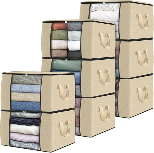 Fab totes 8 Pack Clothes Storage, Foldable Thick Fabric Blanket Storage Bags, Containers for Organizing Bedroom, Closet, Clothing, Comforter,Organization with Handle,Beige-NeatNest