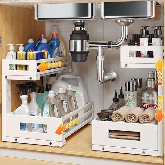 2-Pack Under Sink Organizers and Storage,2-Tier L Shape Pull Out Cabinet Organizer With Round Tube Slide Rails,Hight Adjustable Slide Out Drawers for Kitchen&Bathroom,Multi-Purpose Storage Shelf-White-NeatNest