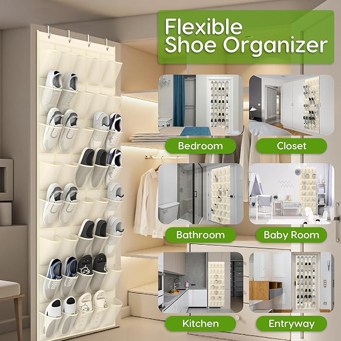 Unjumbly Over the Door Shoe Organizer with 40 Large Breathable Mesh Pockets, Space Saving Shoe Holder, Hanging Shoe Rack for Entryway Bedroom Closet Storage (Beige, 40 Pockets)-NeatNest