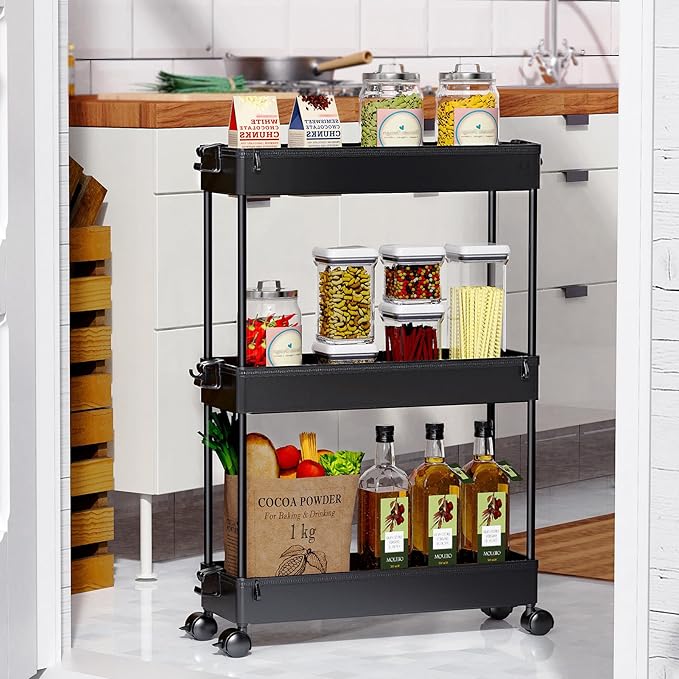 SPACEKEEPER Slim Rolling Storage Cart, 3 Tier Bathroom Storage Organizer Laundry Room Utility Cart Mobile Shelving Unit, Multi-Purpose for Kitchen Office Bathroom Laundry Narrow Places, Black-NeatNest