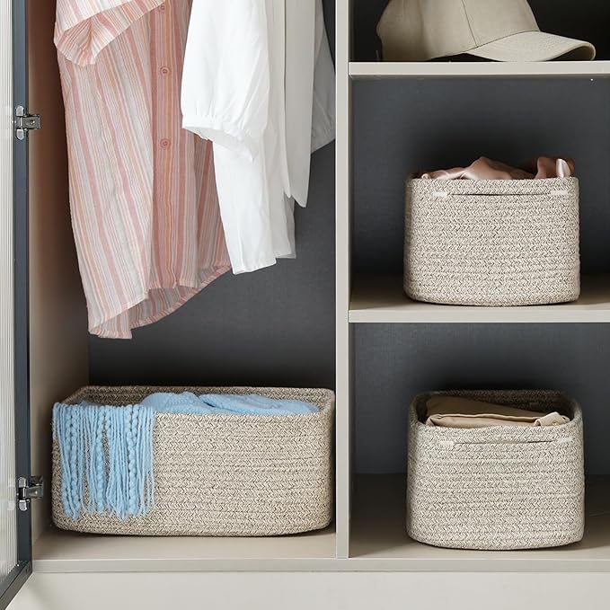 3-Pack Storage Baskets for Organizing | Woven Shelf Toy Basket | Rope Baskets for Gifts Empty | Closet Organizer Bins with Handles | Cube Decorative Box | 13.7×7.1×6.7” | Mixed brown-NeatNest