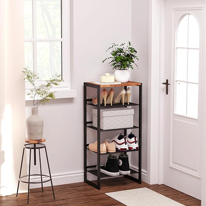 Narrow 5-Tier Shoe Rack, Slim Space-Saving Shelf with Decorative Wood Top & Steel Mesh, Entryway/Closet/Dorm Organizer, 16.5x11.8x36 Inches-NeatNest