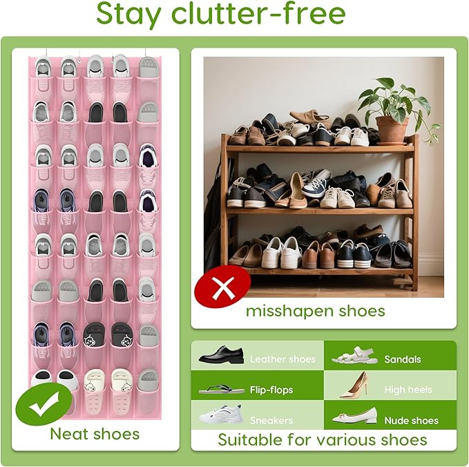 Unjumbly Over the Door Shoe Organizer with 40 Large Breathable Mesh Pockets, Space Saving Shoe Holder, Hanging Shoe Rack for Entryway Bedroom Closet Storage (Pink, 40 Pockets)-NeatNest