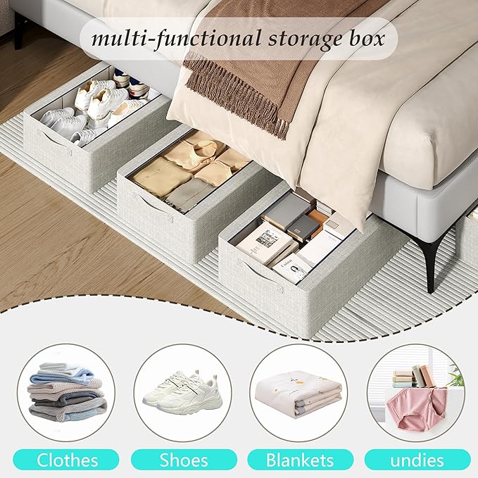 3PCS Under Bed Storage Bins with Metal Frame, Linen Fabric Frame Storage Box Clothes Organizer Bins, Underbed Container with Clear Window (Light Grey, 23.6 x 13 x 6IN)-NeatNest