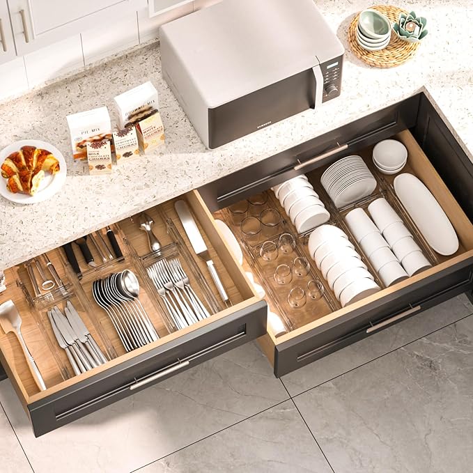 HiYZ Expandable Drawer Dividers - 12.6-22.8'' Adjustable Drawers Organizers for Kitchen Utensils, Drawer Separators in Bedroom, Dresser, Office, Bathroom, Fridge, 5 Pack Long Dividers-Clear-NeatNest