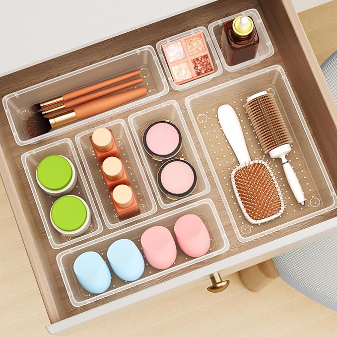 12 PCS Drawer Organizer Set, 4 Sizes Storage Drawer Units, Clear Plastic Makeup Vanity Organizer and Storage Bins for Makeup, Stationeries, Multiple Gadgets for Bathroom, Office, Bedroom-NeatNest