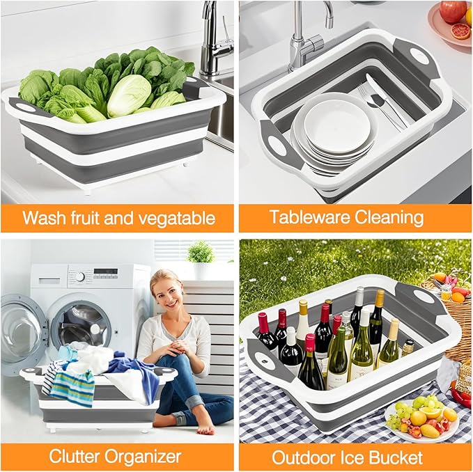 Collapsible BBQ Prep Tub/Cutting Board 10L, Foldable Dish Tub with Colander, Portable Camping Sink, Multifunction Dishing Basin Bucket Wash Tub for Kitchen Fruit Vegetable Picnic (Gray)-NeatNest