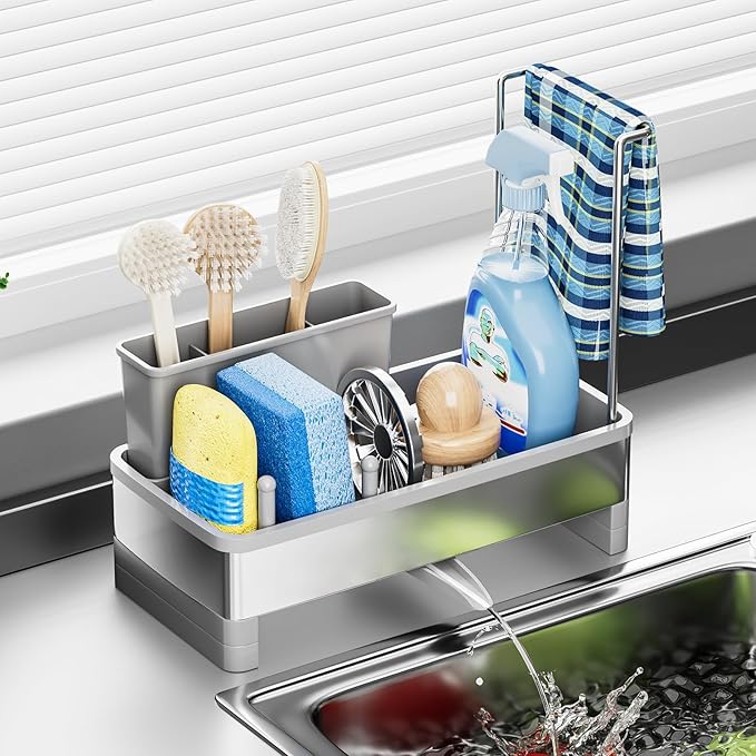 Sponge Holder for Kitchen Sink,Sink Caddy Organizer with Removable Brush Holder,Kitchen Countertop Soap Dispenser Storage with Detachable Towel Rack, Grey-NeatNest