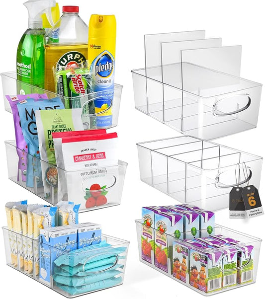 ELTOW Snack Organizer for Pantry Shelf – Clear Storage Bins with Removable Dividers, Kitchen & Pantry Snack Holder, Protein Bar Organizer, Food Storage for Cabinets & Fridge – Pack of 6