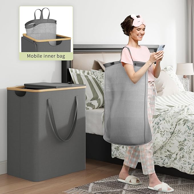 170L Laundry Hamper with Lid 3 Section, Extra Large Laundry Basket with 3 Removable Bags, Laundry Basket Organizer for Bedroom, Laundry Room, Dorm, Clothes Hamper, Grey-NeatNest