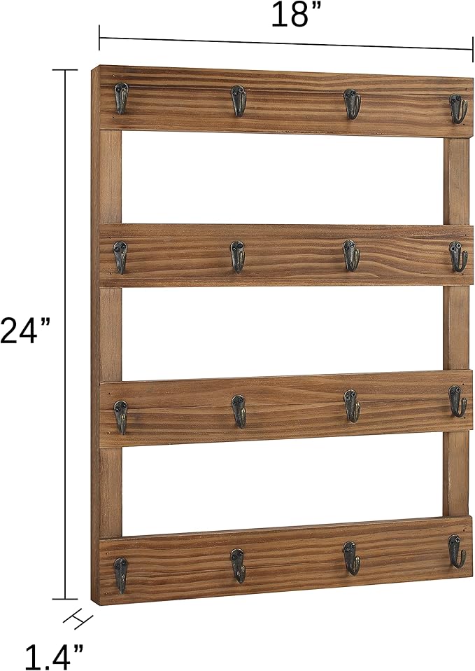 16 Hooks Rustic Pine Wood Coffee Mug Holder 24 x 18 inches Wall Mounted Cup Display Organizer for Home, Kitchen Storage Brown-NeatNest