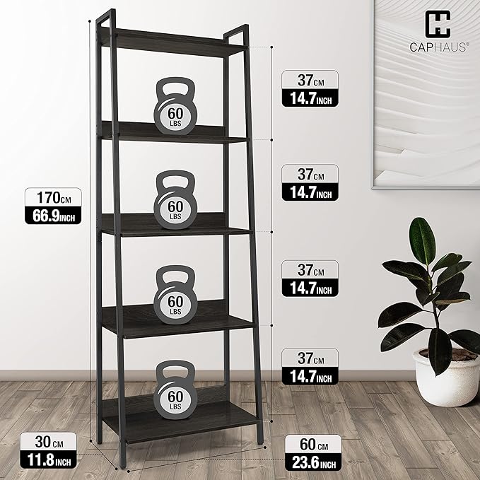 CAPHAUS 5 Tier Ladder Bookshelf, 24 Inch Width Free Standing Shelf, Bookcase Shelf Storage Rack Organizer, Industrial Book Shelves for Home Office, Living Room, Kitchen, Black Wooden Shelves-NeatNest