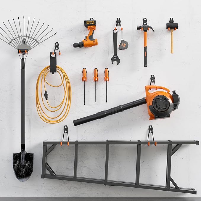 BONTEC Heavy Duty Garage Hooks, Anti-Slip Coated Black Steel with Strong Load Capacity, Multi-Sized U and J Hooks, Easy Wall Mount for Garage, Garden, Workshop (Orange, 14 Pack)-NeatNest
