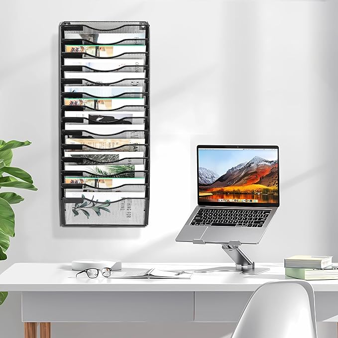 EasyPAG 14 Pocket Wall File Organizer, Black | Metal Mesh Wall Mounted File Holder | Assembly Hanging Mail Organizer | Replaceable Classify Labels | Office Home Letter Size Paper Storage