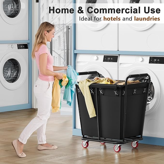 Hoctieon Large Laundry Cart with Wheels, 300L Heavy Duty Laundry Basket Organizer, Rolling Hamper Sorter for Clothes Storage, Industrial Dirty Clothes Hamper for Home & Hotel, Black-NeatNest