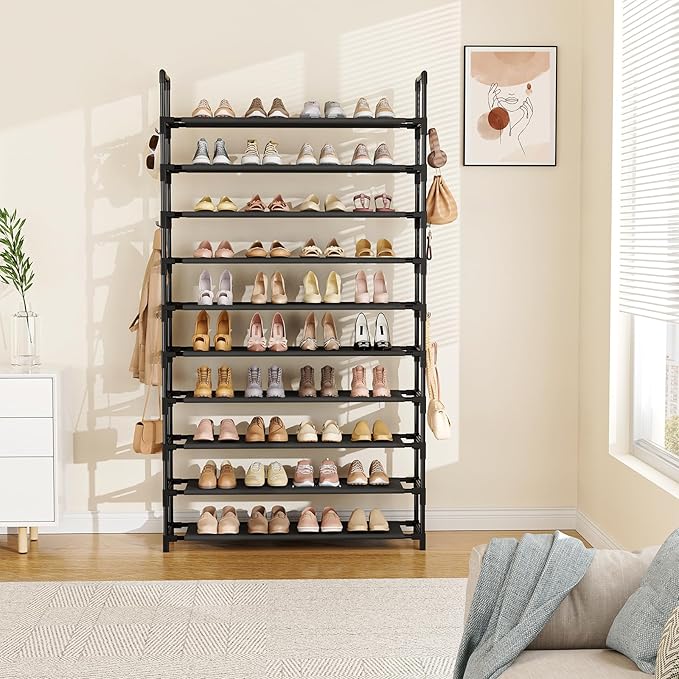 Tall Shoe Rack 10 Tier Shoe Organizer Large Shoe Shelf with 18 Hooks Storage for 50 Pair Sneaker and Boot, Stackable Vertical Shoe Rack Organizer for Closet, Entryway, Bedroom-NeatNest