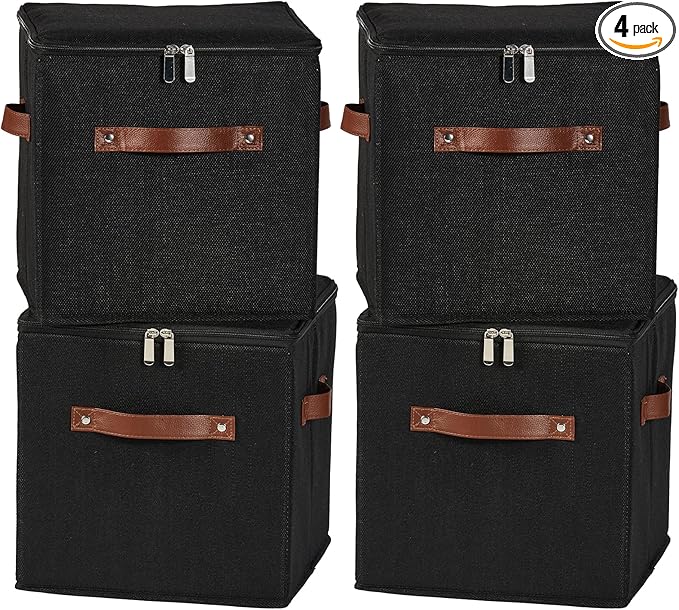 4PCS Storage Cubes with Lid Fabric Storage Bins Boxes PU Leather Handles Cotton Linen Closet Organizer Container Decorative Foldable Washable Shelf Cloth Basket (Zipper Lid, Black, 11in)-NeatNest