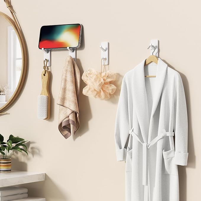 Self Adhesive Wall Hooks for Hanging: Stick on Hold 13 LB,Towel Hooks for Bathroom Kitchen, Shower Door Hanger for Coat, Metal, Stainless, White 6 Pack