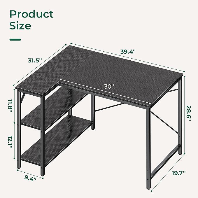 Huuger L Shaped Desk, 39 Inches Computer Desk with Reversible Storage Shelves, Gaming Desk, for Corner Home Office Writing Study, Metal Frame, Black-NeatNest