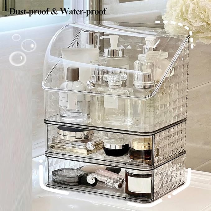 Stackable Clear Makeup Organizer Cosmetic Storage Box, Makeup Display Cases Skincare Organizer, Plastic Makeup Holder for Vanity, Bathroom, Cabinet, Desk Countertop (B)