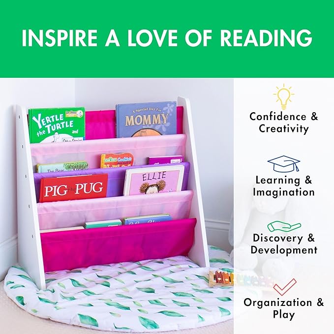 Humble Crew 4-Tier Kids Bookshelf, White Wood/Pink/Purple - Premium Book Shelf for Kids Rooms with Four Deep Pockets - Toddler Sling Book Rack with Deep Sleeves, Nursery Bookcase Organizer