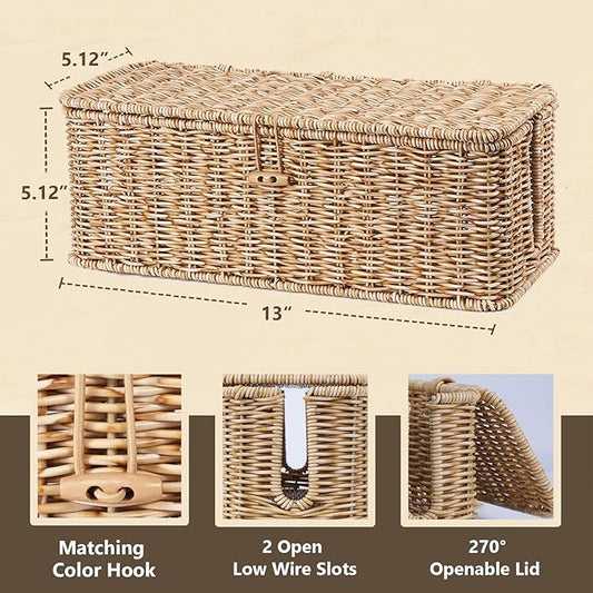 BROWNLILY Cable Management Box, Rattan Style Cord Organizer for Desk Cord Hider Outlet Covers Baby Proofing for Power Strip TV PC Router Charger Under Desk Storage - Natural Small-NeatNest