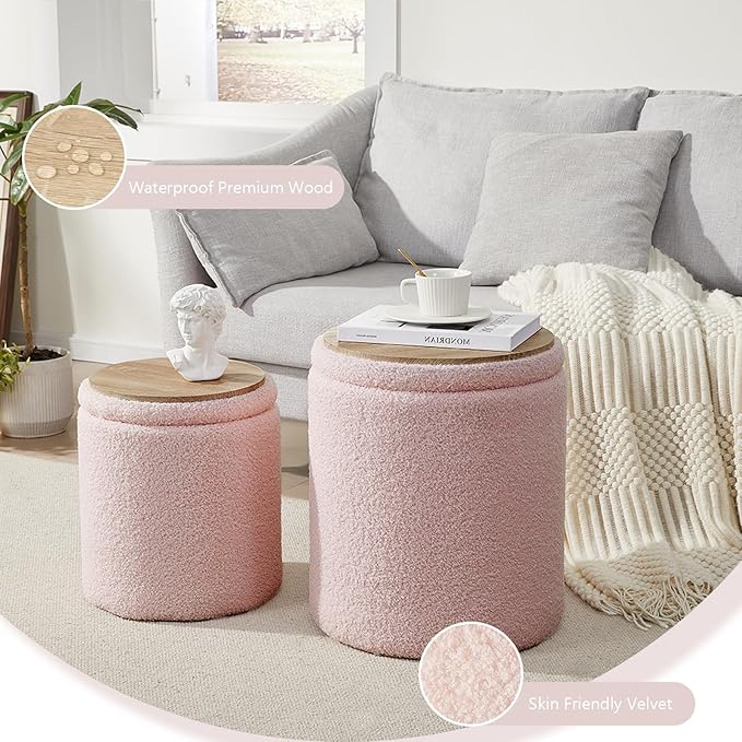 Boucle Round Ottoman with Storage Set of 2,Small Foot Stool Ottoman for Living Room, Small Coffee Table,Vanity Stool with Storage for Bedroom, Pink-NeatNest