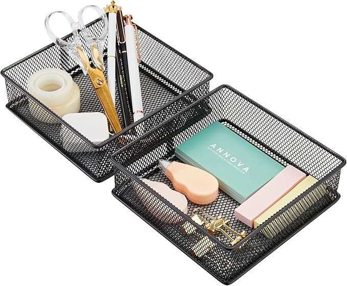 Annova Mesh Stackable Drawer Cabinet and Shelf Organizer Bins Storage Basket School Office Supply Holder Tray- Set of 2 (Black, 6x6x2 Inch)-NeatNest