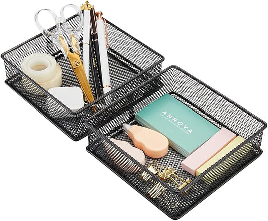 Annova Mesh Stackable Drawer Cabinet and Shelf Organizer Bins Storage Basket School Office Supply Holder Tray- Set of 2 (Black, 6x6x2 Inch)-NeatNest
