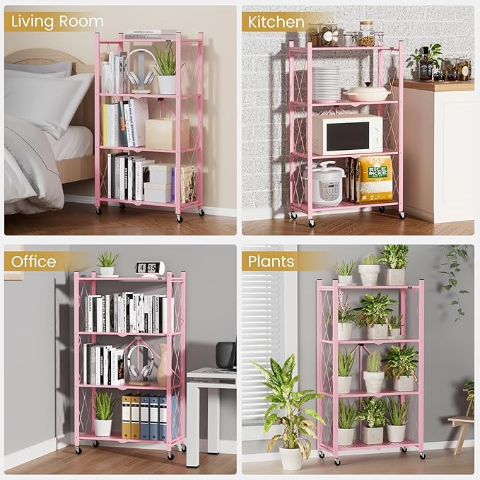 ALANNG Storage Shelves with Wheels, Bookshelf with Storage, No Assembly Metal Rack Shelf for Kitchen, Office, Laundry, Garage (4 Tier, Pink)