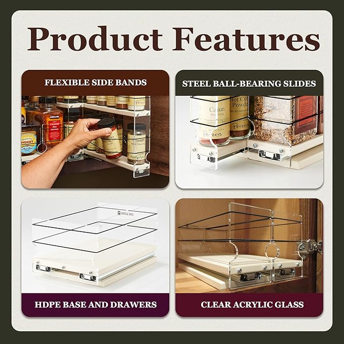 Vertical Spice 13.8" Depth Heavy Duty Pull Out Spice Rack Drawer - 1 Drawer, Mix Containers - Sliding Cabinet and Pantry Organizer - Kitchen Cupboard Storage Rack (6.9" W x 5.0" H x 13.8" D, Cream)