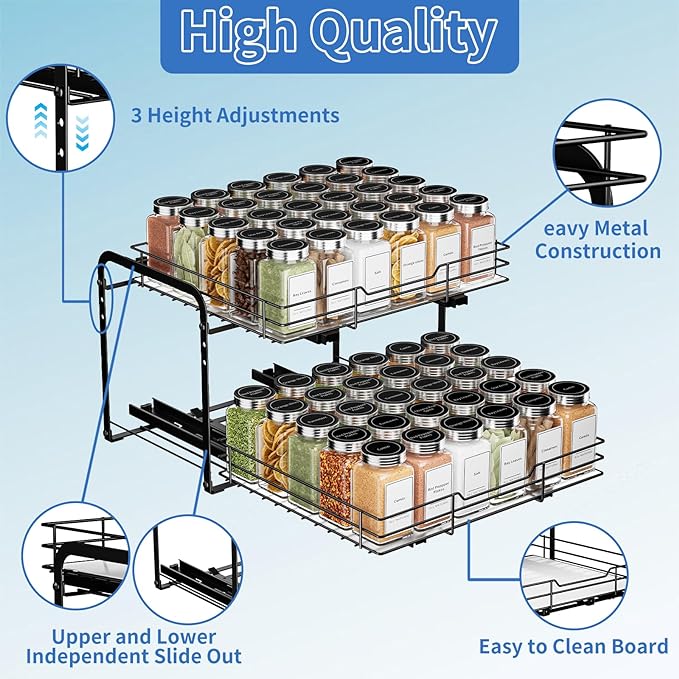 2-Tier Pull Out Spice Rack, Spice Rack Organizer, Pull Out Spice Racks for Inside Cabinets, Height Adjustable Heavy Duty Metal Basket for Inside Cabinet & Pantry (13.5''Wx10.5''Dx9.5''H)-NeatNest