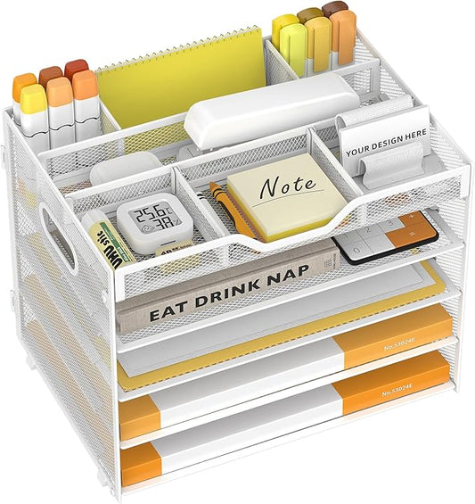 5 Tier Paper Letter Tray with 3 Drop-in Pen Holders, Mesh Desk File Organizer with Handle, Desk Organizers and Accessories for School,Home, Office Supplies Storage-White-NeatNest
