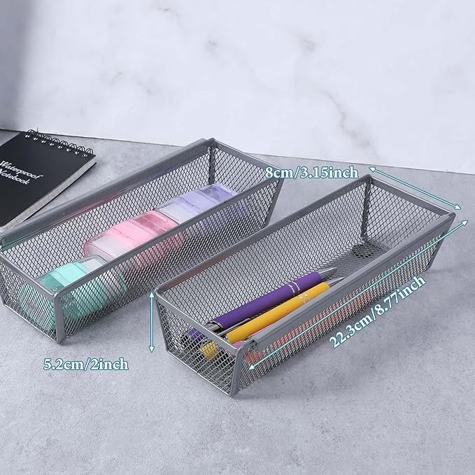 6 Pcs Mesh Silverware Drawer Organizer, Metal Drawer Organizer for Kitchen, Small Utensil Drawers Organizers with Interlocking Arm for Flatware, Knives, Spoons,Cosmetic (Silver 9 * 3 * 2 inch)-NeatNest