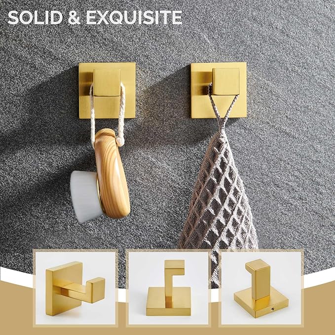 Angle Simple Towel Hook Brushed Gold 2 Pack, 304 Stainless Steel Square Robe Hook for Bathroom