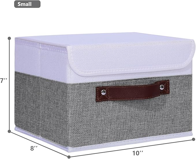 ANMINY 4PCS Storage Boxes with Lid Washable Decorative Storage Bins Basket with PU Leather Handle Foldable Linen Fabric Storage Cubes Containers for Home Closet Organizer - Gray White, Small Size-NeatNest